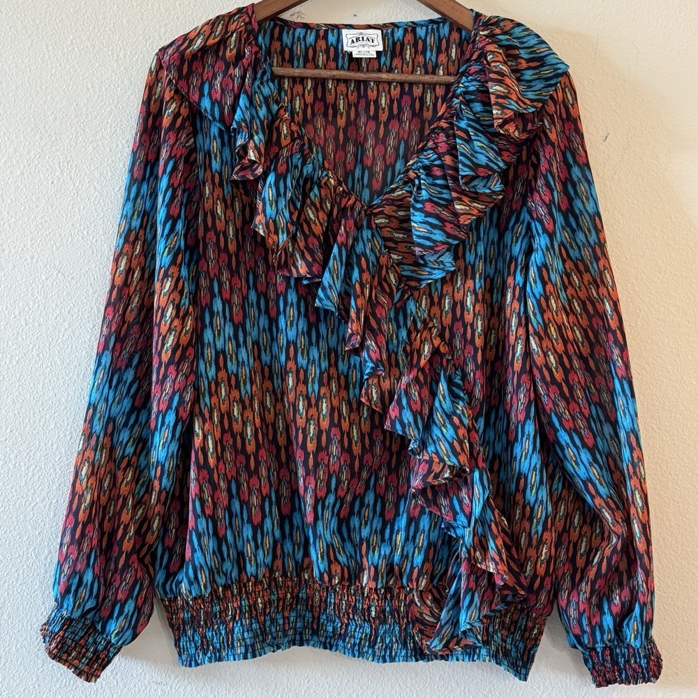 Ariat Ikat Ruffle Top XL Western Boho Smocked Peasant Blouse‎ Colorful